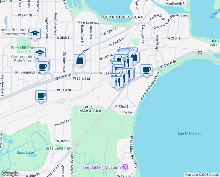 map of restaurants, bars, coffee shops, grocery stores, and more near 3430 List Place in Minneapolis
