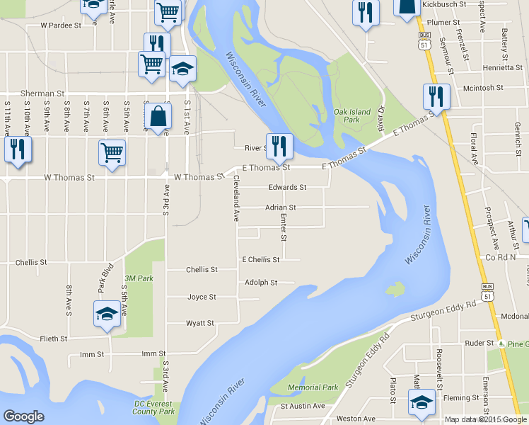 map of restaurants, bars, coffee shops, grocery stores, and more near 129 Adrian Street in Wausau