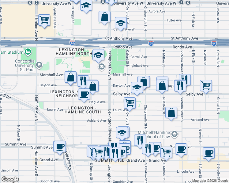 map of restaurants, bars, coffee shops, grocery stores, and more near 1083 Selby Avenue in Saint Paul