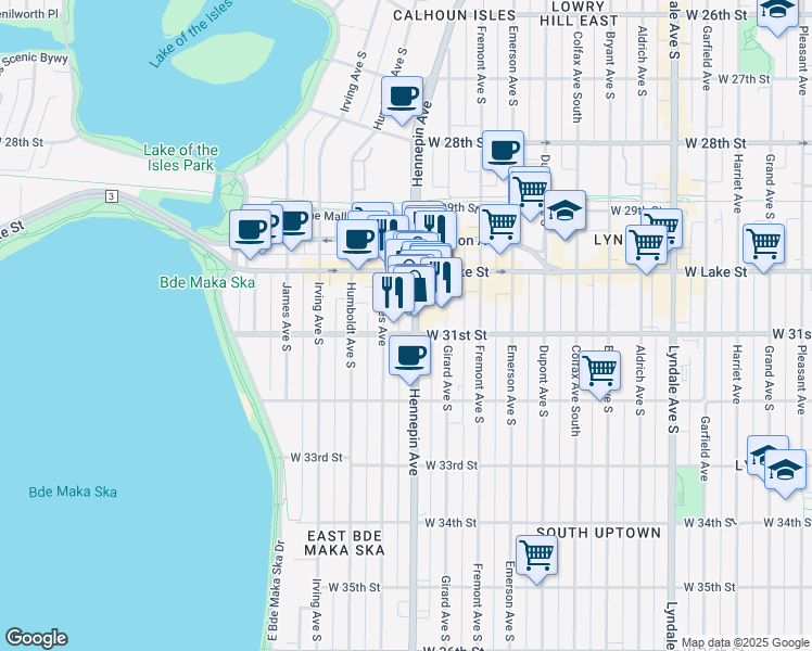 map of restaurants, bars, coffee shops, grocery stores, and more near 3024 Hennepin Avenue in Minneapolis