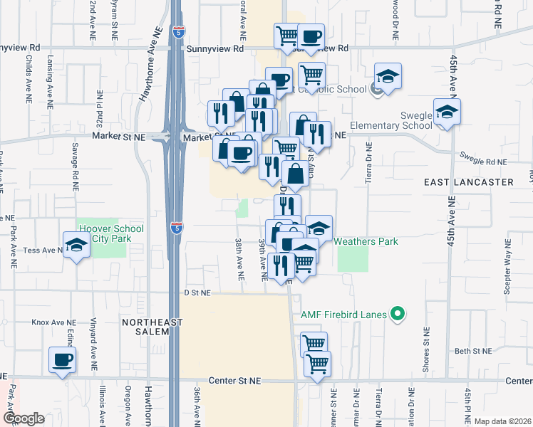 map of restaurants, bars, coffee shops, grocery stores, and more near 1338-1398 39th Avenue Northeast in Salem