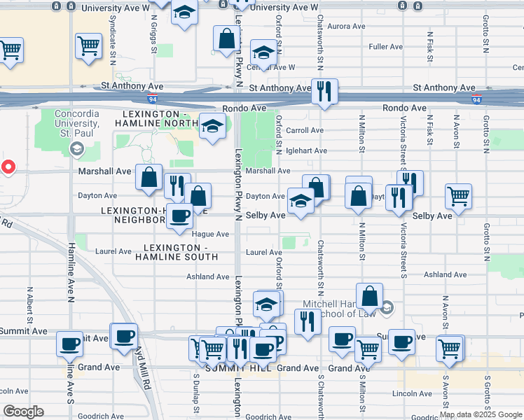 map of restaurants, bars, coffee shops, grocery stores, and more near 1065 Selby Ave in St Paul