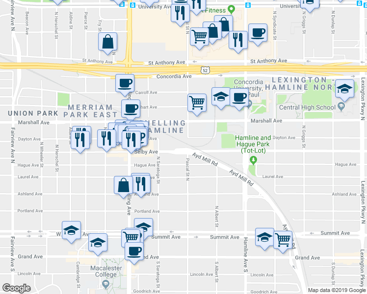 map of restaurants, bars, coffee shops, grocery stores, and more near 1465 Selby Avenue in Saint Paul