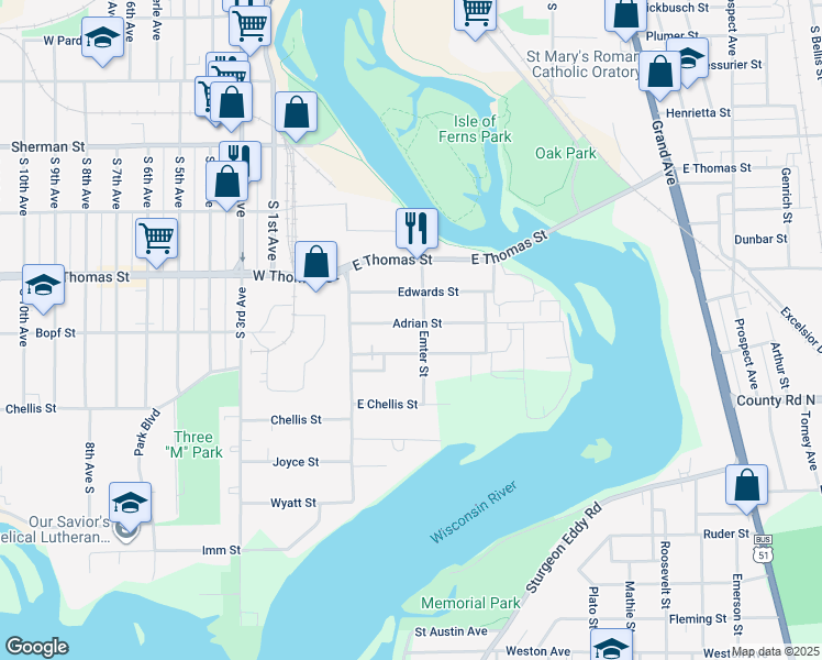 map of restaurants, bars, coffee shops, grocery stores, and more near 141 Adrian Street in Wausau