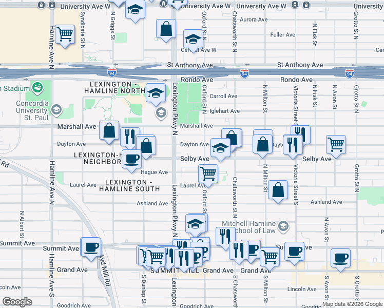 map of restaurants, bars, coffee shops, grocery stores, and more near 1065 Selby Ave in St Paul
