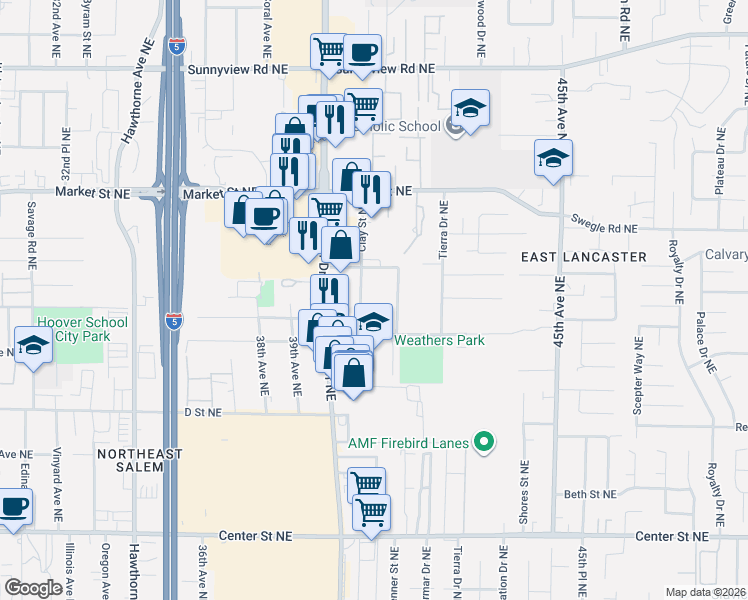 map of restaurants, bars, coffee shops, grocery stores, and more near 1494 Clay Street Northeast in Salem