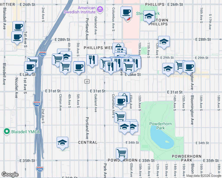 map of restaurants, bars, coffee shops, grocery stores, and more near 3024 Columbus Avenue South in Minneapolis