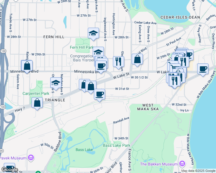 map of restaurants, bars, coffee shops, grocery stores, and more near 3043 Inglewood Avenue South in St. Louis Park