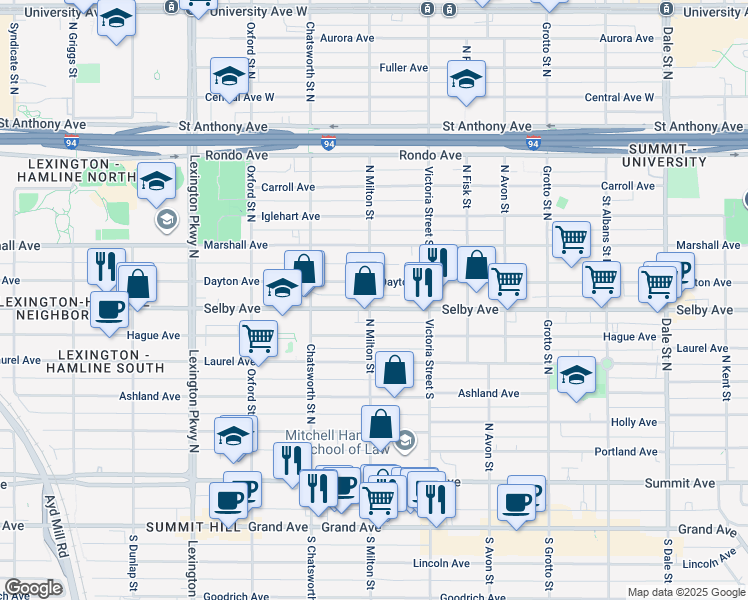map of restaurants, bars, coffee shops, grocery stores, and more near 180 North Milton Street in Saint Paul