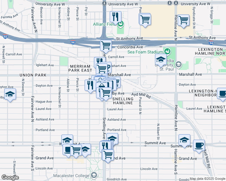 map of restaurants, bars, coffee shops, grocery stores, and more near 1555 Selby Avenue in Saint Paul