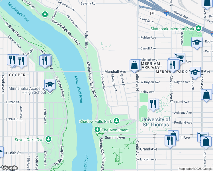 map of restaurants, bars, coffee shops, grocery stores, and more near 184 Otis Avenue in Saint Paul