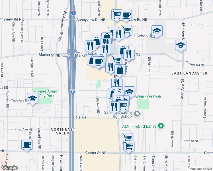 map of restaurants, bars, coffee shops, grocery stores, and more near 1394 39th Avenue Northeast in Salem