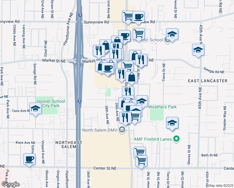 map of restaurants, bars, coffee shops, grocery stores, and more near 1415-1459 Lancaster Drive Northeast in Salem
