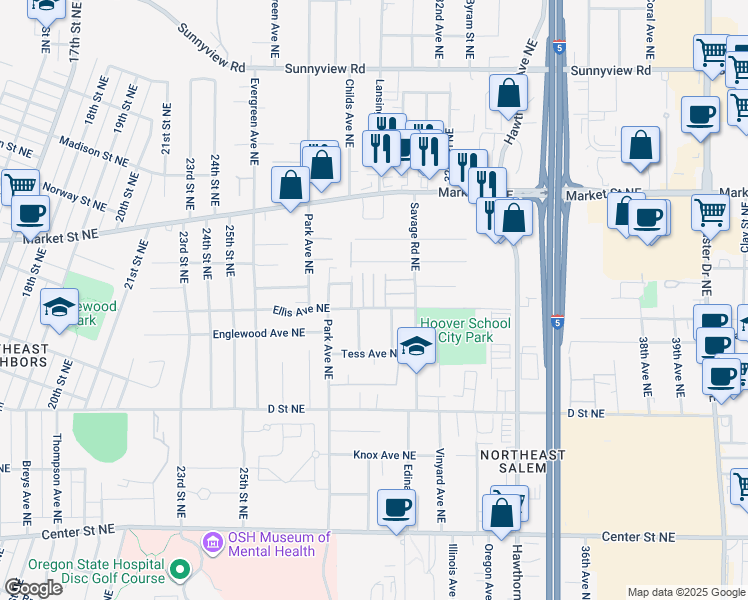map of restaurants, bars, coffee shops, grocery stores, and more near 1528 30th Avenue Northeast in Salem