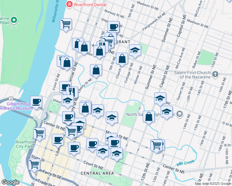 map of restaurants, bars, coffee shops, grocery stores, and more near 895 Cottage Street Northeast in Salem