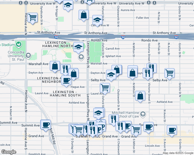 map of restaurants, bars, coffee shops, grocery stores, and more near 1075 Dayton Avenue in Saint Paul