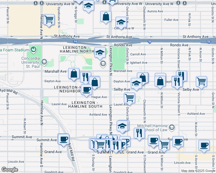 map of restaurants, bars, coffee shops, grocery stores, and more near 201 Lexington Parkway North in Saint Paul
