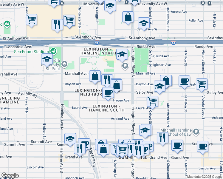 map of restaurants, bars, coffee shops, grocery stores, and more near 1181 1/2 Dayton Avenue in Saint Paul