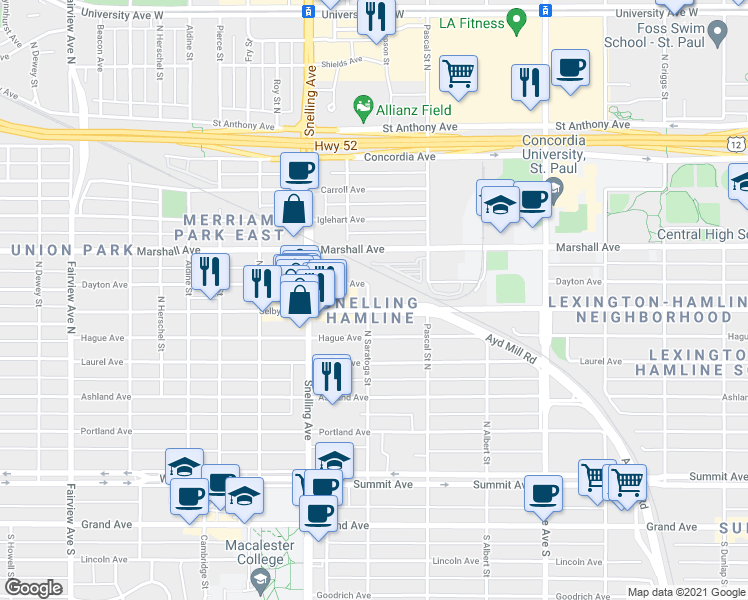 map of restaurants, bars, coffee shops, grocery stores, and more near 1501 Selby Avenue in Saint Paul