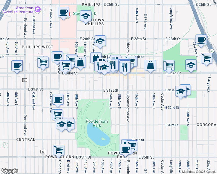 map of restaurants, bars, coffee shops, grocery stores, and more near 3027 14th Avenue South in Minneapolis