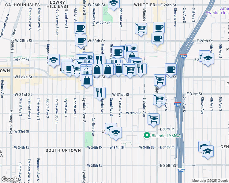 map of restaurants, bars, coffee shops, grocery stores, and more near 3024 Pleasant Avenue in Minneapolis