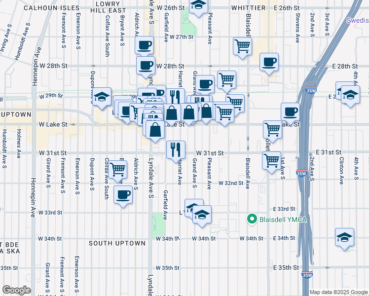 map of restaurants, bars, coffee shops, grocery stores, and more near 3023 Harriet Avenue in Minneapolis