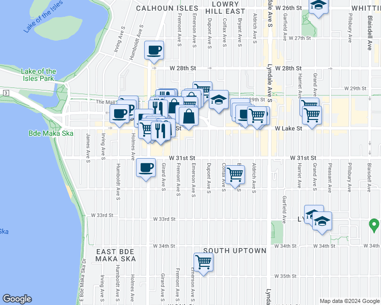map of restaurants, bars, coffee shops, grocery stores, and more near 3021 Fremont Avenue South in Minneapolis