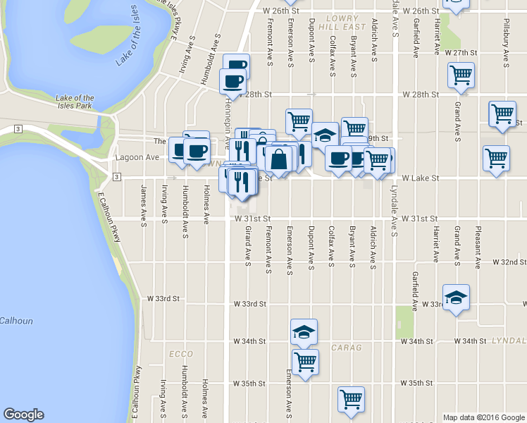 map of restaurants, bars, coffee shops, grocery stores, and more near 3021 Fremont Avenue South in Minneapolis