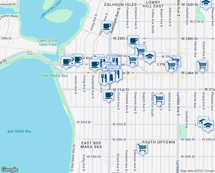 map of restaurants, bars, coffee shops, grocery stores, and more near 3024 Hennepin Avenue in Minneapolis