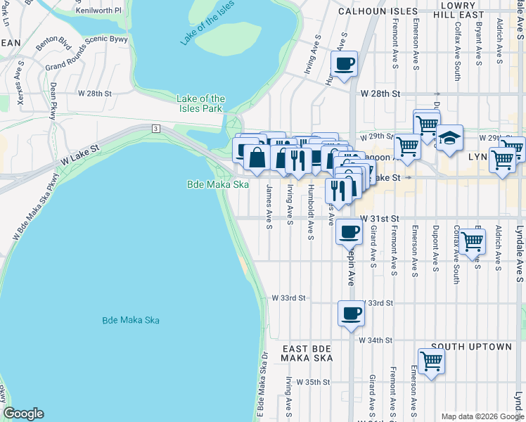 map of restaurants, bars, coffee shops, grocery stores, and more near 3025 Knox Avenue South in Minneapolis