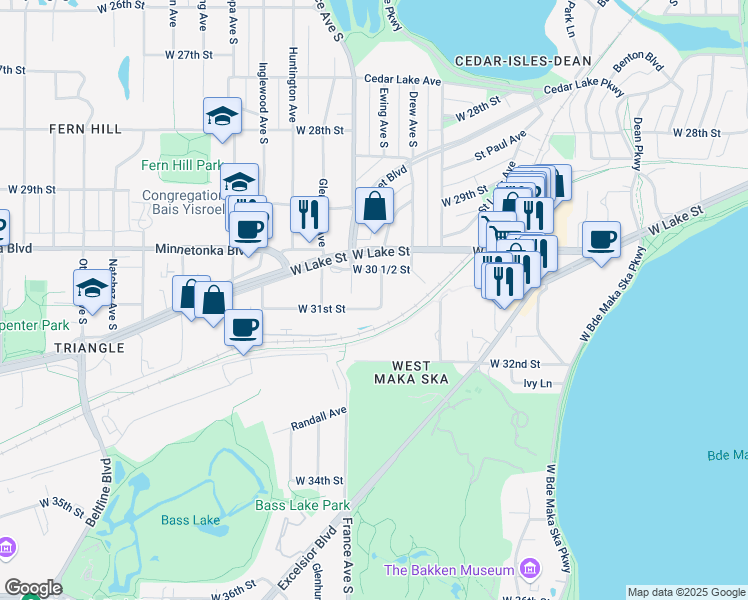 map of restaurants, bars, coffee shops, grocery stores, and more near 3029 France Avenue South in Minneapolis