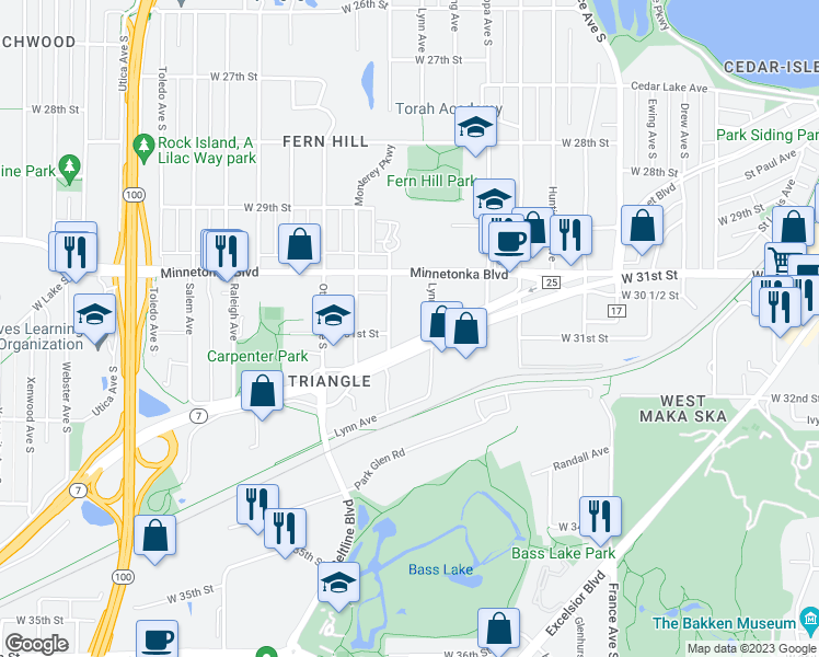 map of restaurants, bars, coffee shops, grocery stores, and more near 3025 Monterey Avenue in Minneapolis