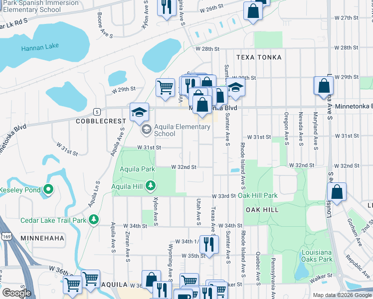 map of restaurants, bars, coffee shops, grocery stores, and more near 3060 Utah Avenue South in Minneapolis