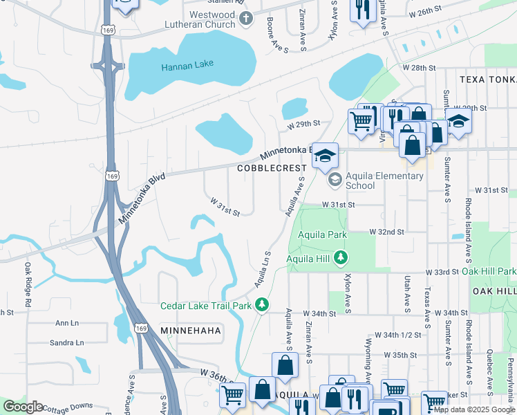 map of restaurants, bars, coffee shops, grocery stores, and more near 3043 Cavell Avenue South in Minneapolis