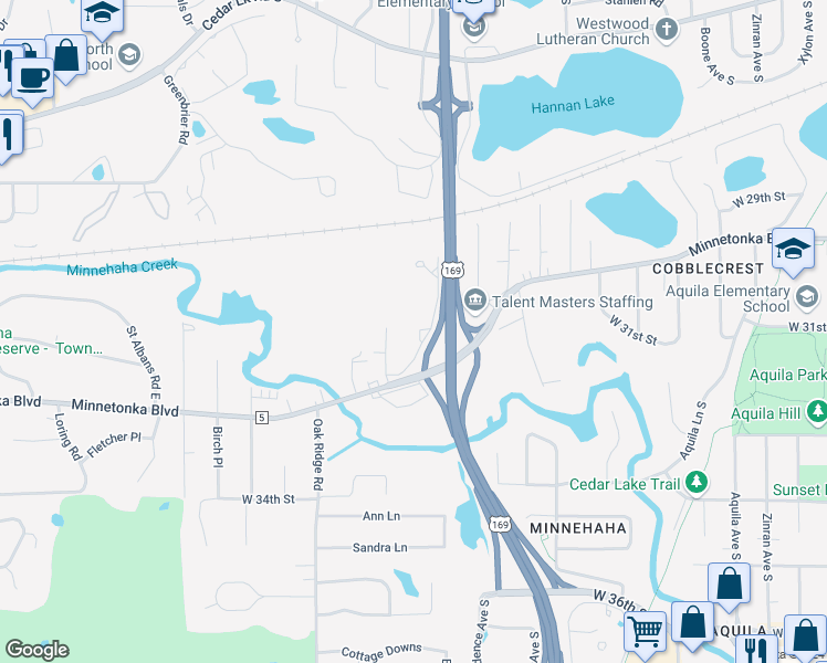 map of restaurants, bars, coffee shops, grocery stores, and more near 9700 Waterstone Place in Minnetonka