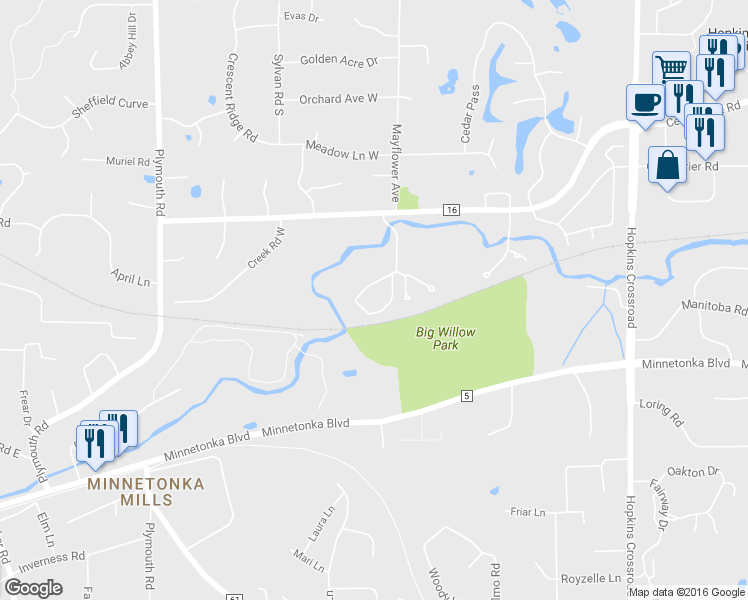 map of restaurants, bars, coffee shops, grocery stores, and more near 3010 Saint Albans Mill Road in Minnetonka