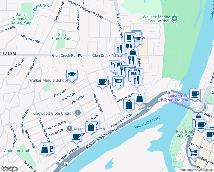 map of restaurants, bars, coffee shops, grocery stores, and more near 665 Murlark Avenue Northwest in Salem