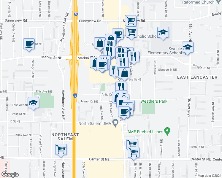 map of restaurants, bars, coffee shops, grocery stores, and more near 1398 39th Avenue Northeast in Salem