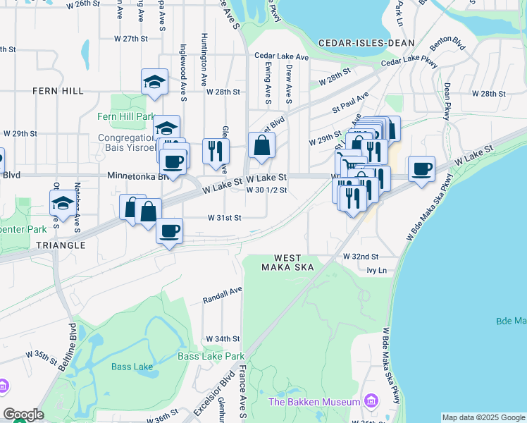 map of restaurants, bars, coffee shops, grocery stores, and more near 3050 Ewing Avenue South in Minneapolis