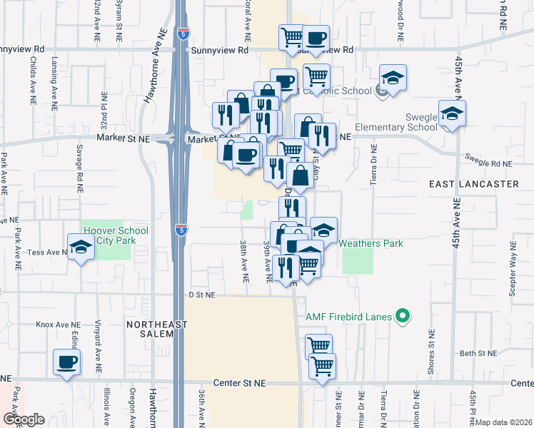 map of restaurants, bars, coffee shops, grocery stores, and more near 1398 39th Avenue Northeast in Salem