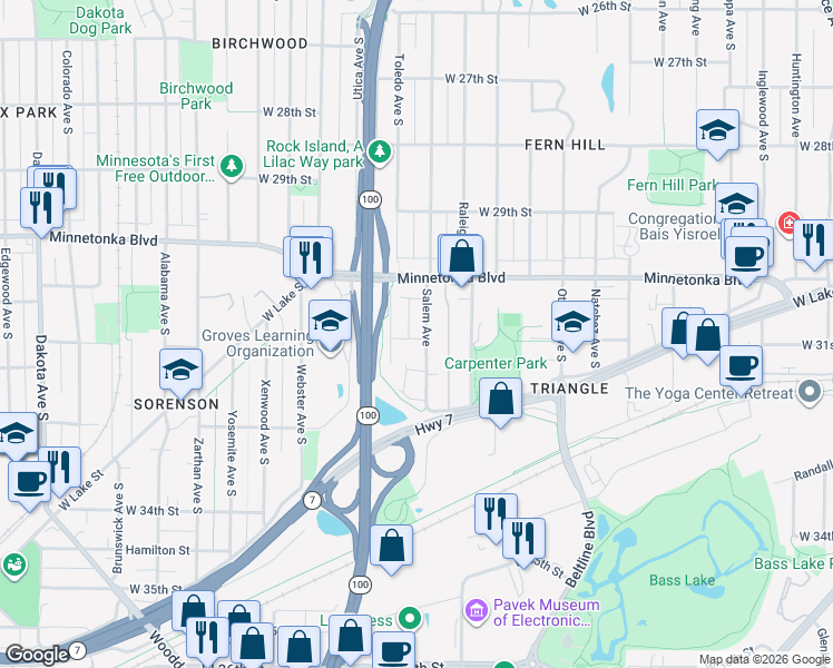 map of restaurants, bars, coffee shops, grocery stores, and more near 3033 Toledo Avenue South in Minneapolis