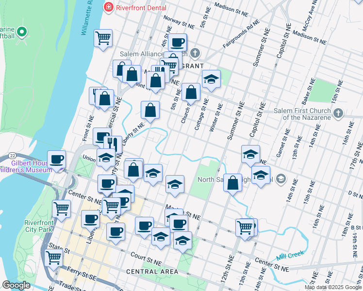 map of restaurants, bars, coffee shops, grocery stores, and more near 895 Cottage Street Northeast in Salem