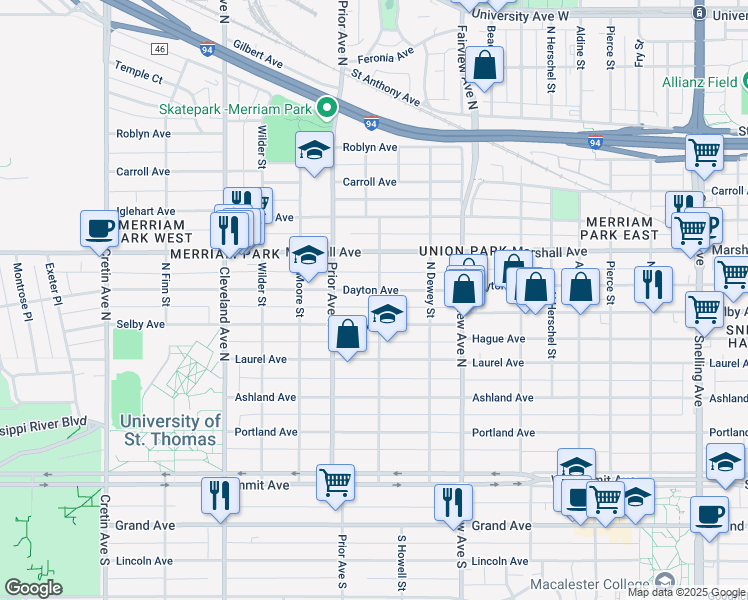 map of restaurants, bars, coffee shops, grocery stores, and more near 1921 Dayton Avenue in Saint Paul
