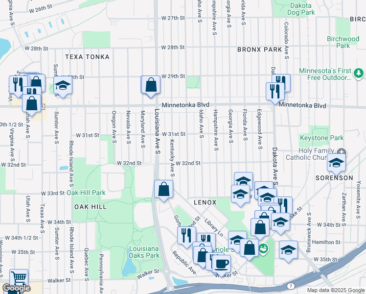 map of restaurants, bars, coffee shops, grocery stores, and more near 3105 Kentucky Avenue South in St. Louis Park