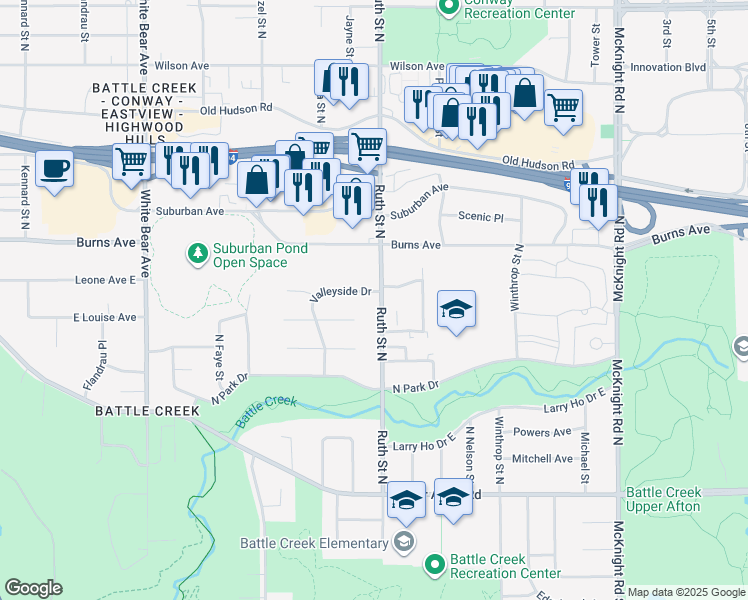 map of restaurants, bars, coffee shops, grocery stores, and more near 195 Valleyside Drive in Saint Paul