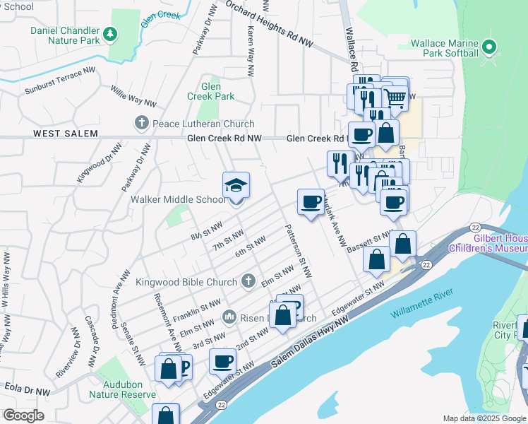 map of restaurants, bars, coffee shops, grocery stores, and more near 1041 7th Street Northwest in Salem