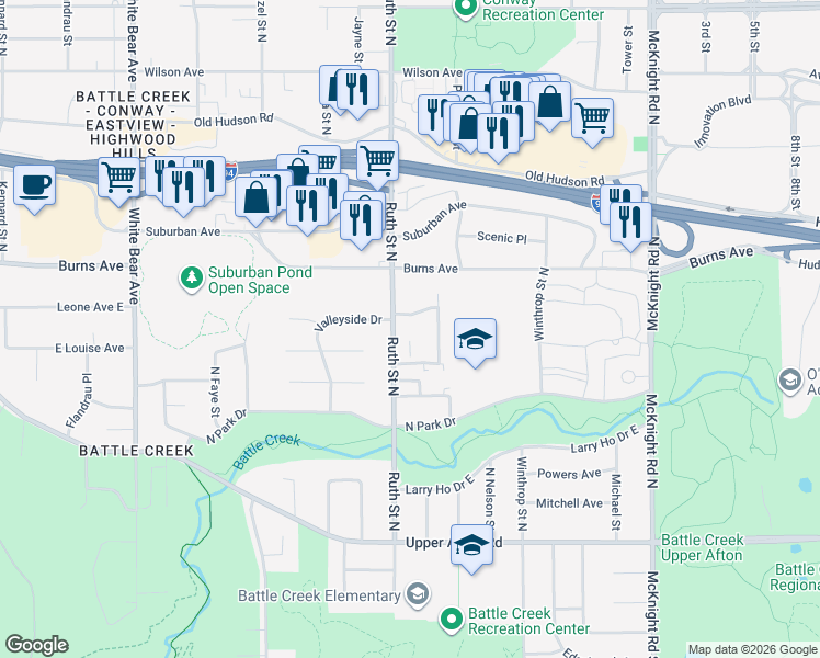 map of restaurants, bars, coffee shops, grocery stores, and more near 195 Valleyside Drive in Saint Paul