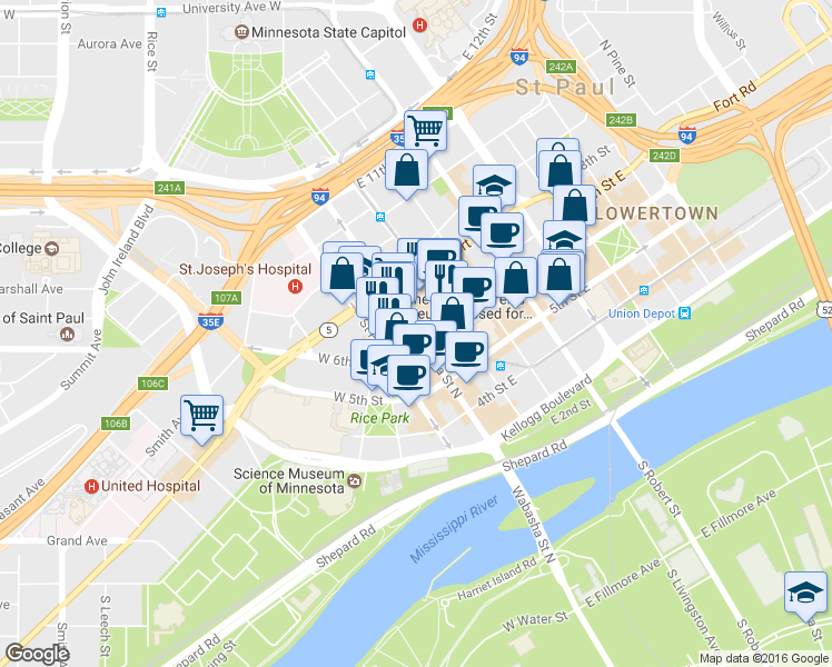 map of restaurants, bars, coffee shops, grocery stores, and more near Wabasha St N in St Paul