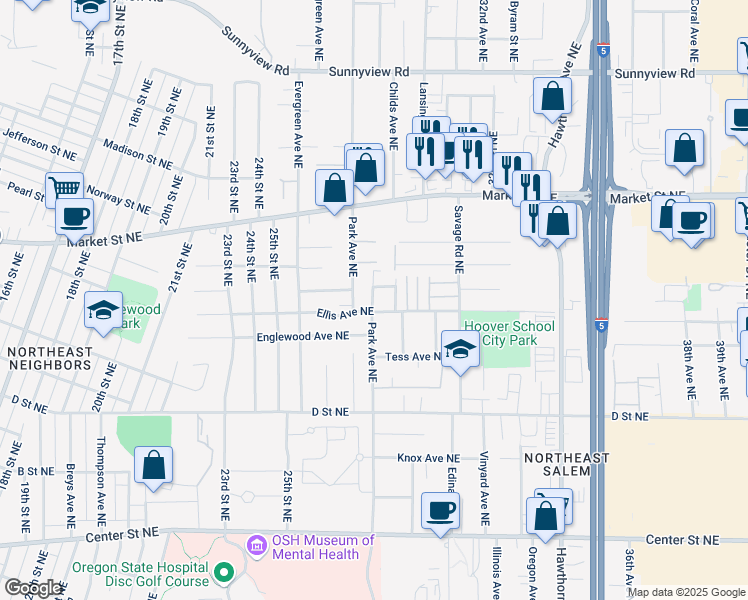map of restaurants, bars, coffee shops, grocery stores, and more near 1507 East Park Avenue Northeast in Salem
