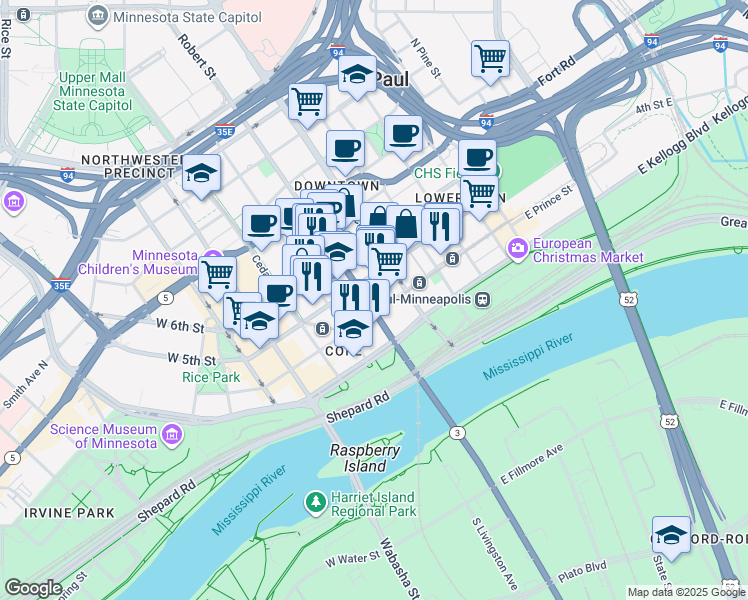 map of restaurants, bars, coffee shops, grocery stores, and more near in Saint Paul